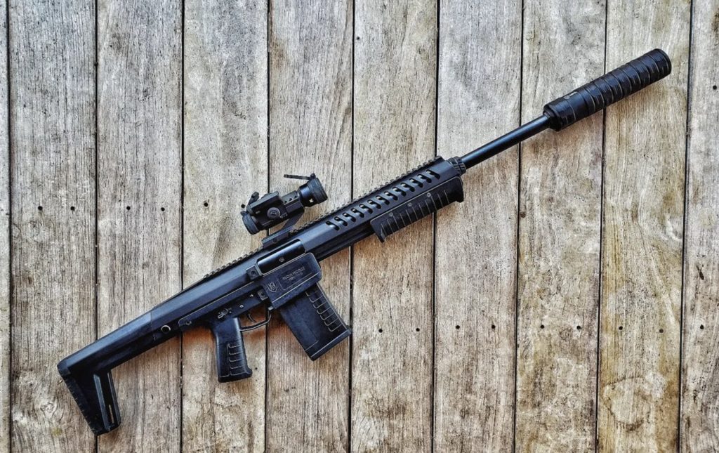An Iron Horse Sentry 12 shotgun with a JK Armament JK 195 SGX 12GA suppressor