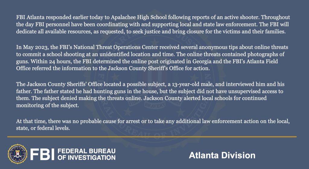 FBI Georgia school shooting statement