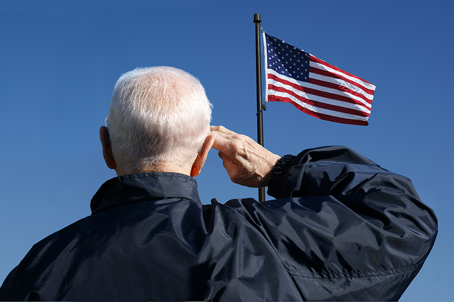 View of a veteran saluting the flag of the United States.