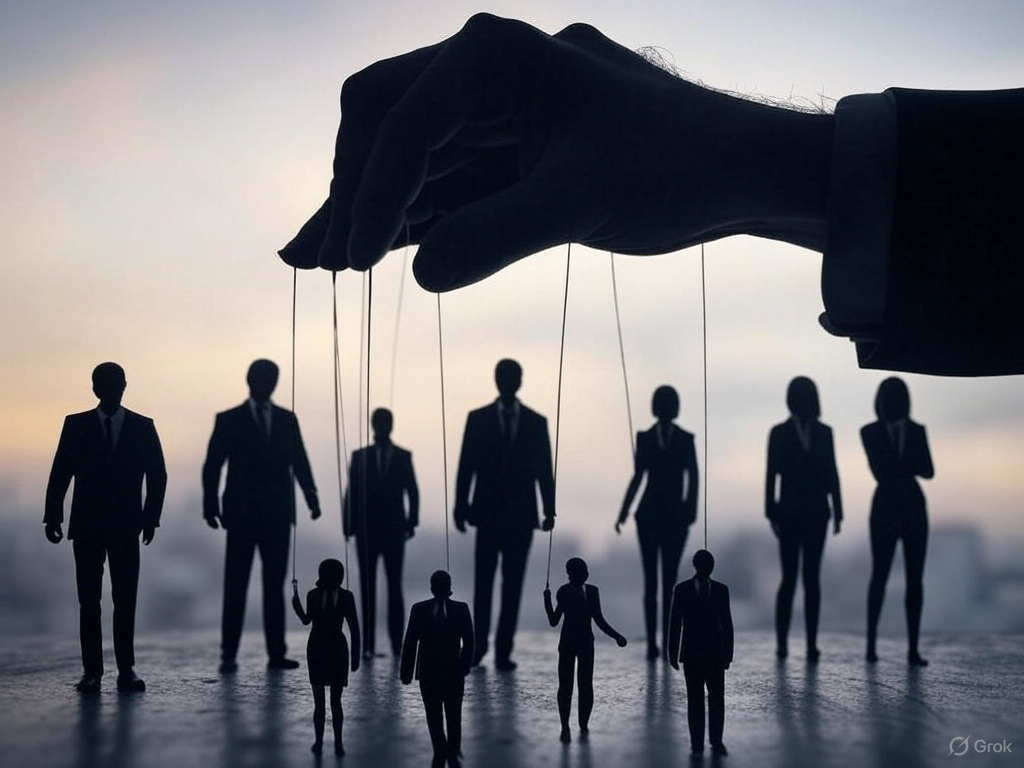hand holding marionette strings business people