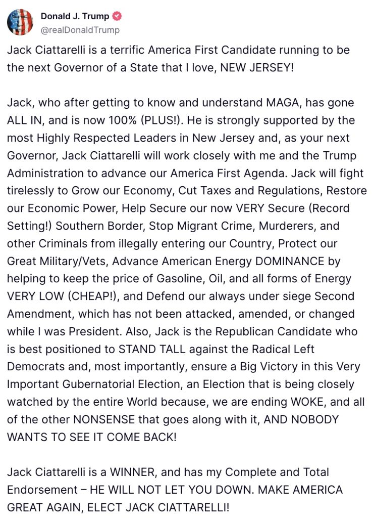Trump Truth Social Jack Ciattarelli New Jersey Governor primary endorsement