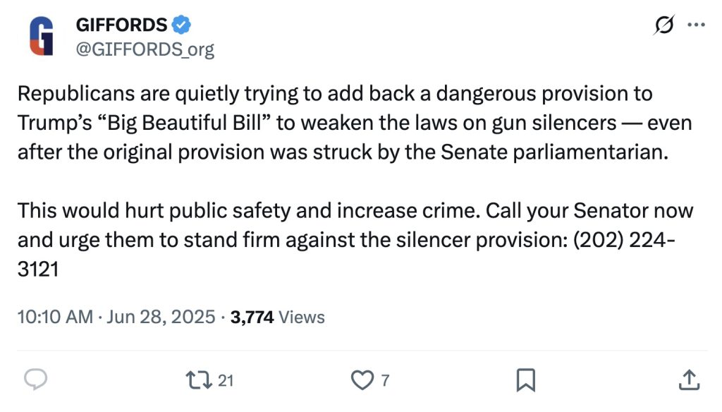 Giffords tweet big beautiful bill NFA silencers hearing protection act short act
