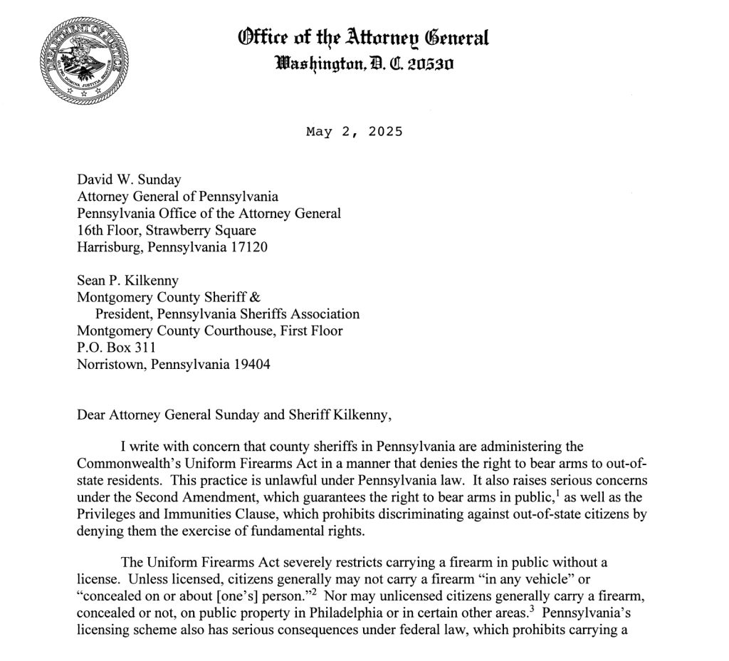 Pam Bondi Pennsylvania concealed carry delay letter