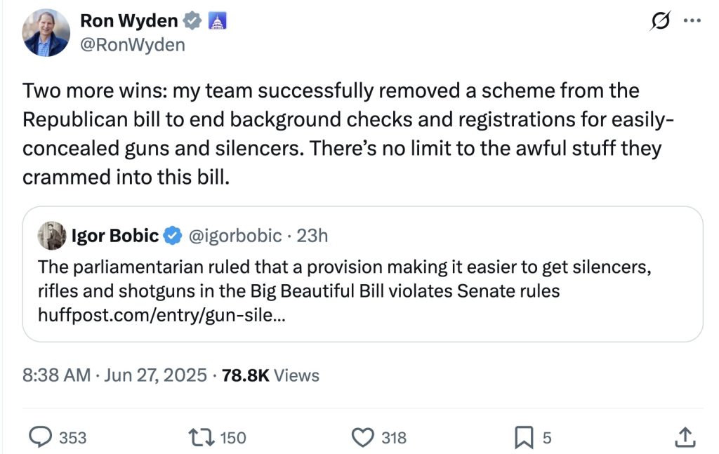 Wyden tweet NFA SBR silencer regulation