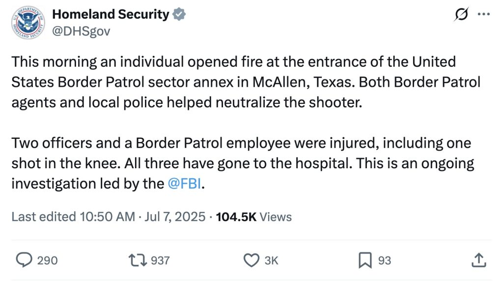 dhs tweet customs border patrol shooting