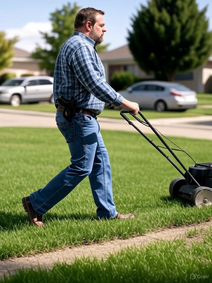 man open carry mowing lawn yard work