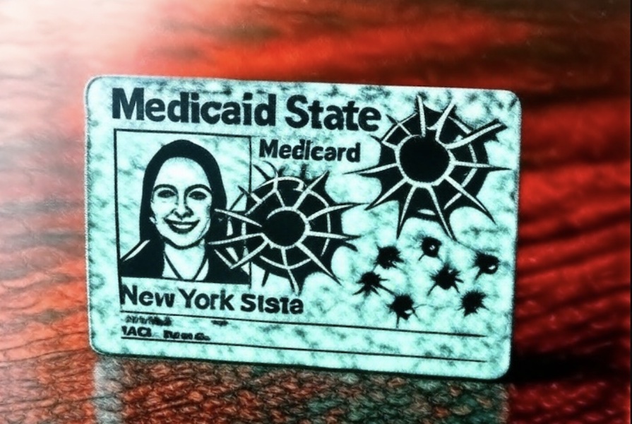 New York state medicaid card with bullet holes 