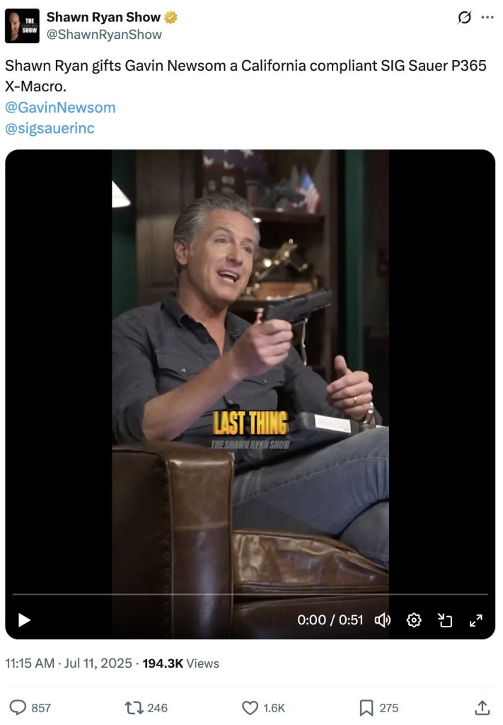 Shawn Ryan Gavin Newsom gun SIG P365 XMACRO