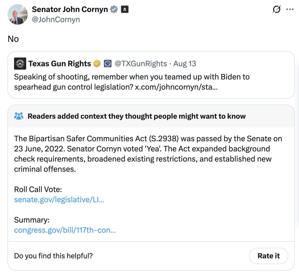 Texas Senator John Cornyn gun control tweet X