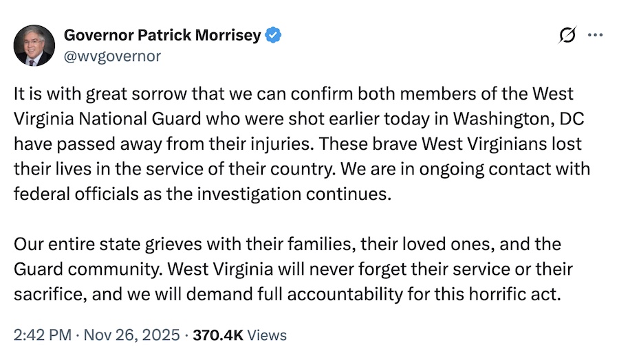 WV Gov Morrisey tweet guard shooting