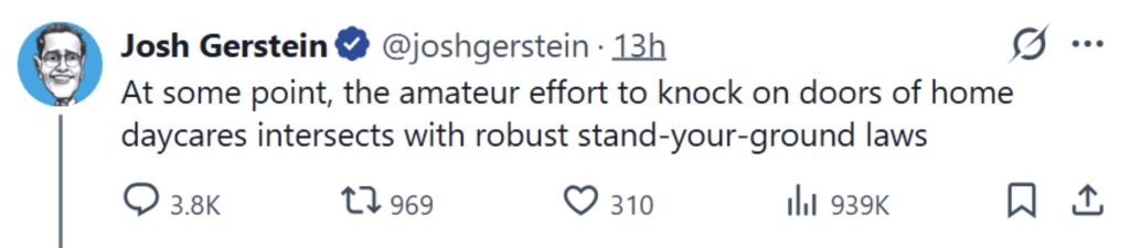 Josh Gerstein tweet stand-your-ground Nick Shirley Somali fraud