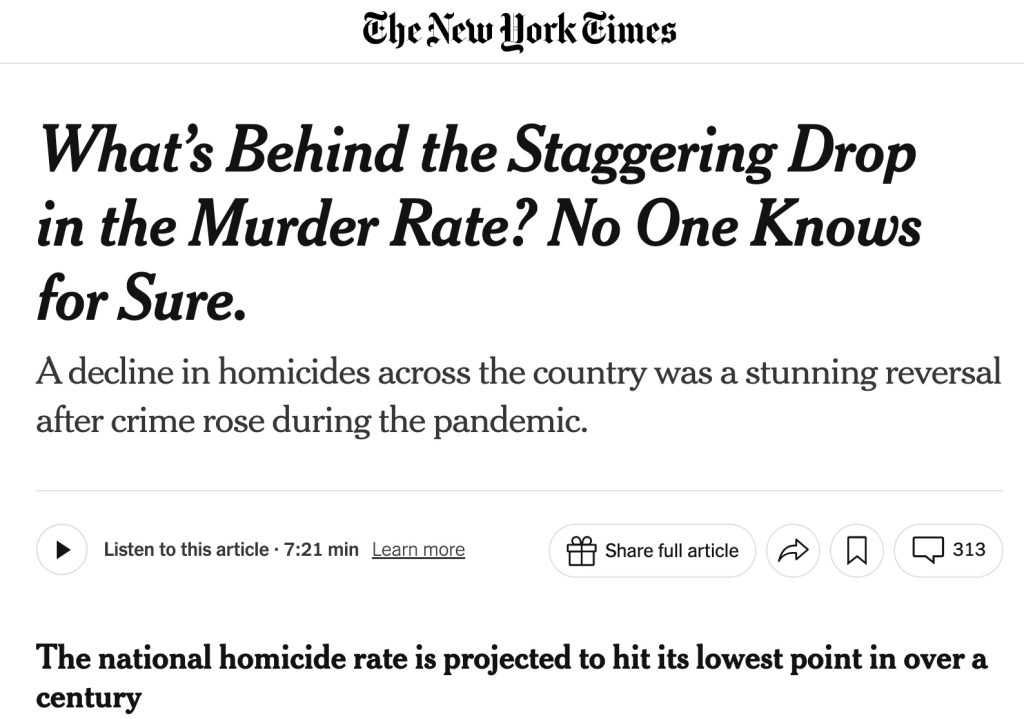 New York Times staggering drop murder rate