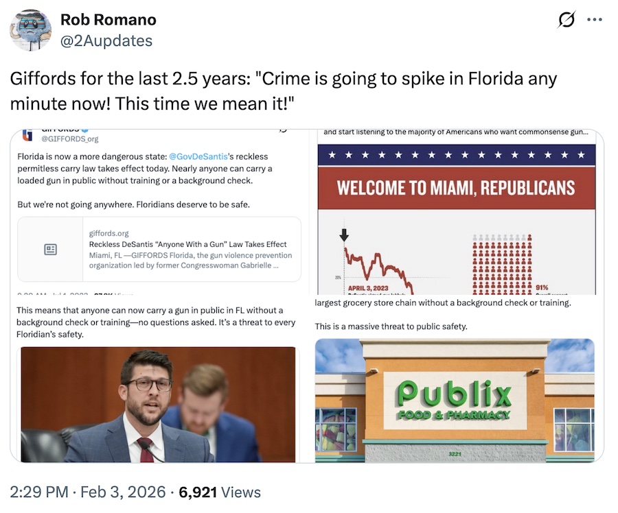 Giffords for the last 2.5 years: "Crime is going to spike in Florida any minute now! This time we mean it!"