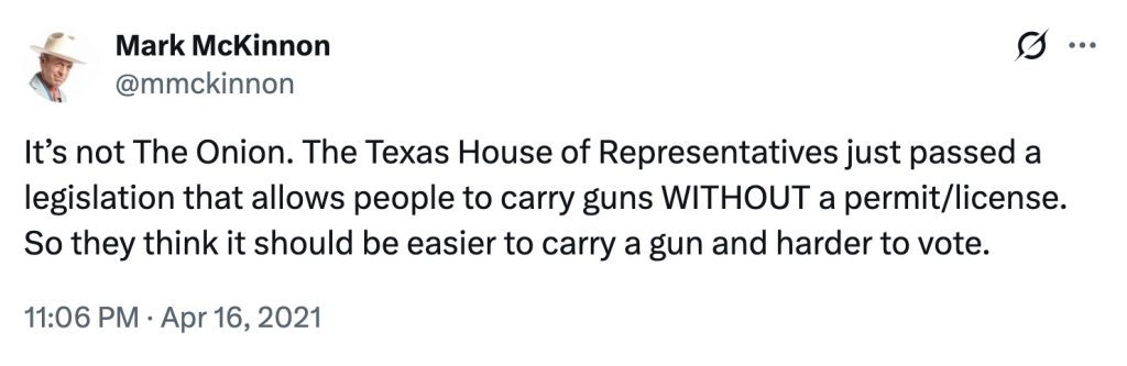 Mark McKinnon tweet permitless carry Texas